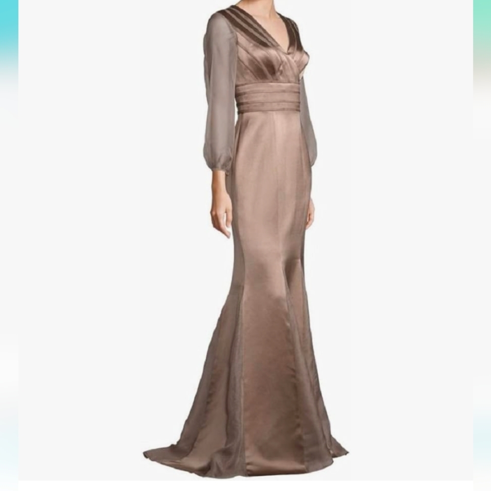 Kay Unger V Neck Long Sleeve Satin Mermaid Gown Dress Size 10